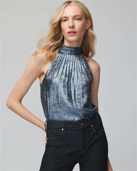 white house black market metalic halter top|Halter Pleated Shell Top .